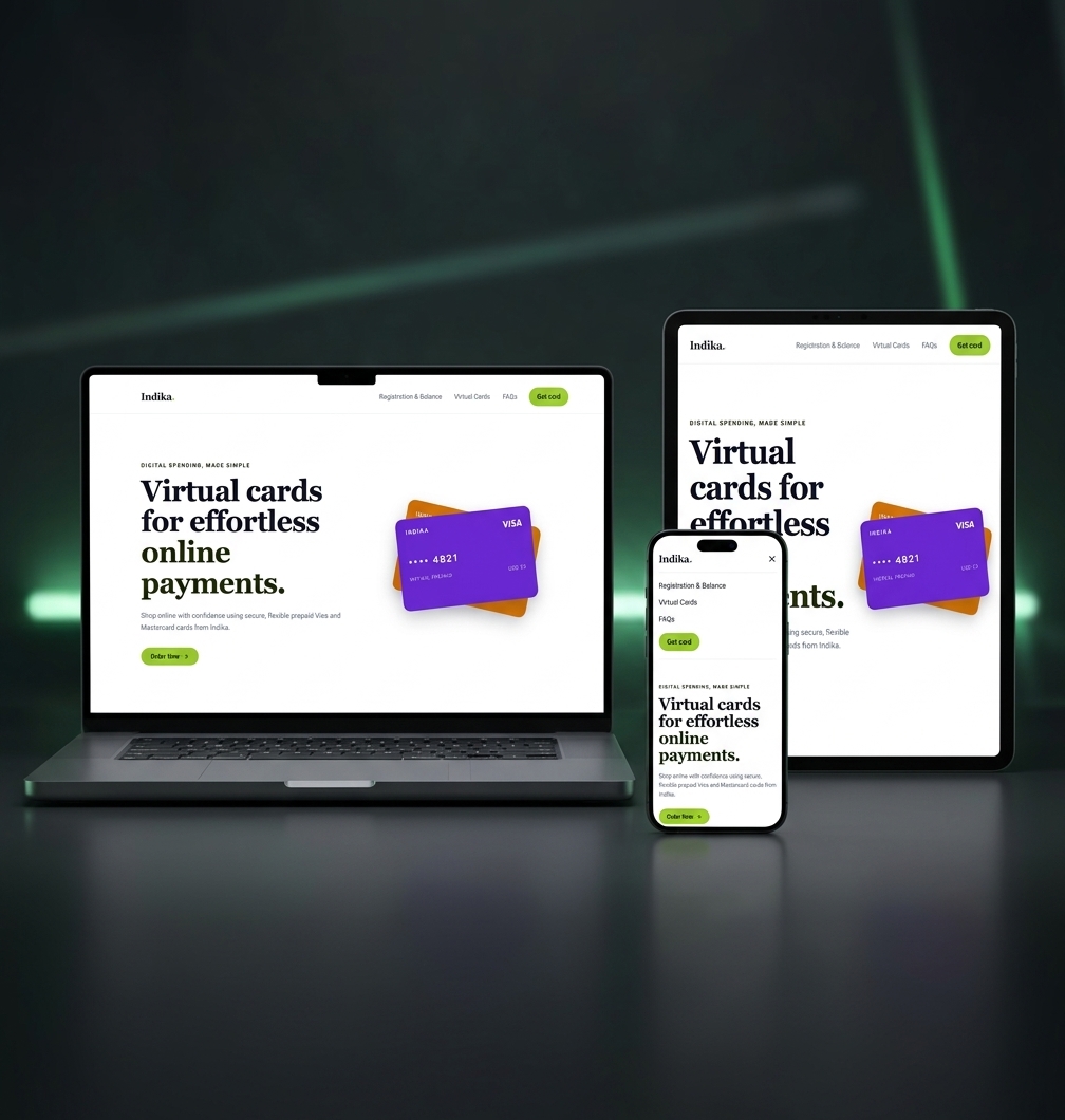 Virtual Card E-Commerce Platform shown across desktop, tablet and mobile breakpoints